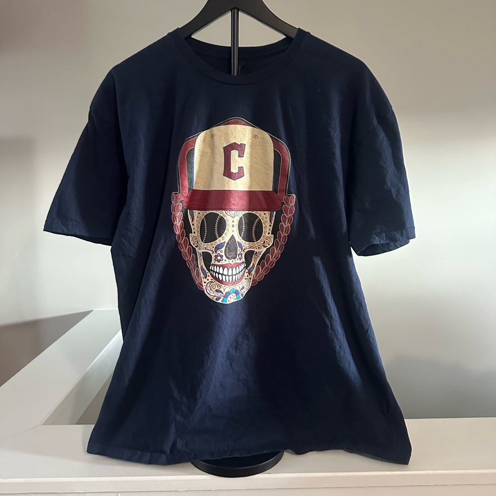 Cleveland Gaurdians Hispanic heritage Navy Graphic T-Shirt with Skull Design